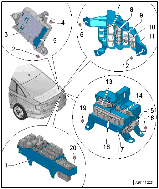 Overview - Relay Panel, Fuse Panel, E-Boxes, Luggage Compartment, Sedan